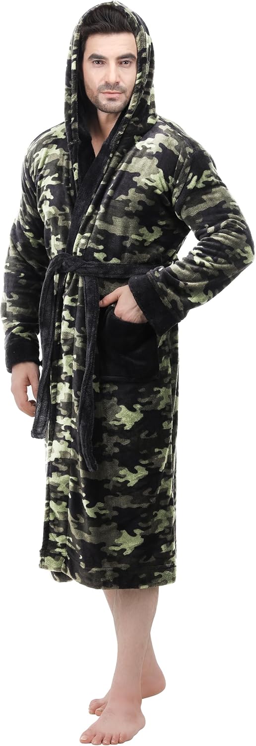 Bathrobes For Men Fleece Hooded Dressing Gown Super Soft Cozy Hooded Plush Loungewear