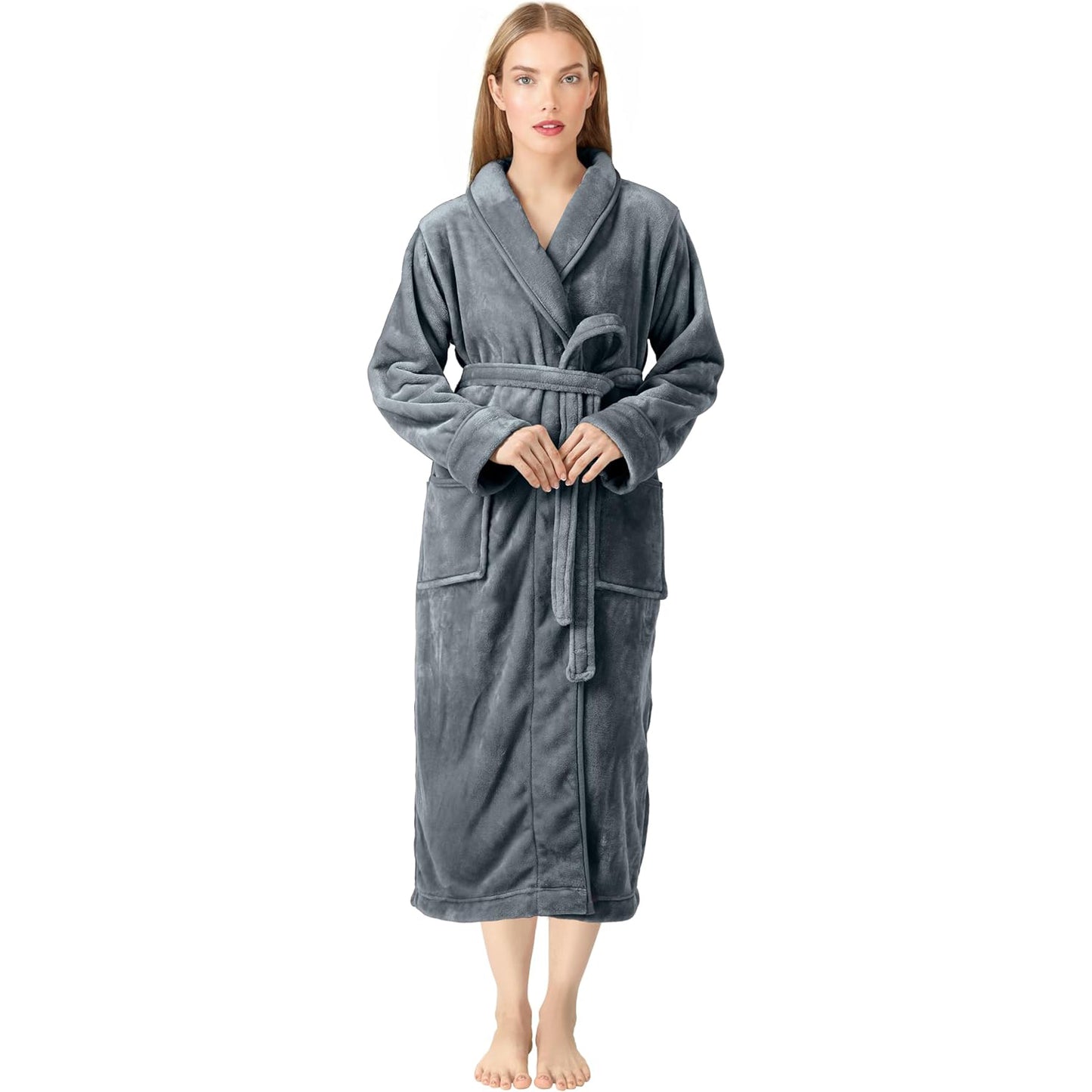 Premium Women's Plush Long Bathrobe - Soft Warm Fleece Robe with Shawl Collar for Spa & Home