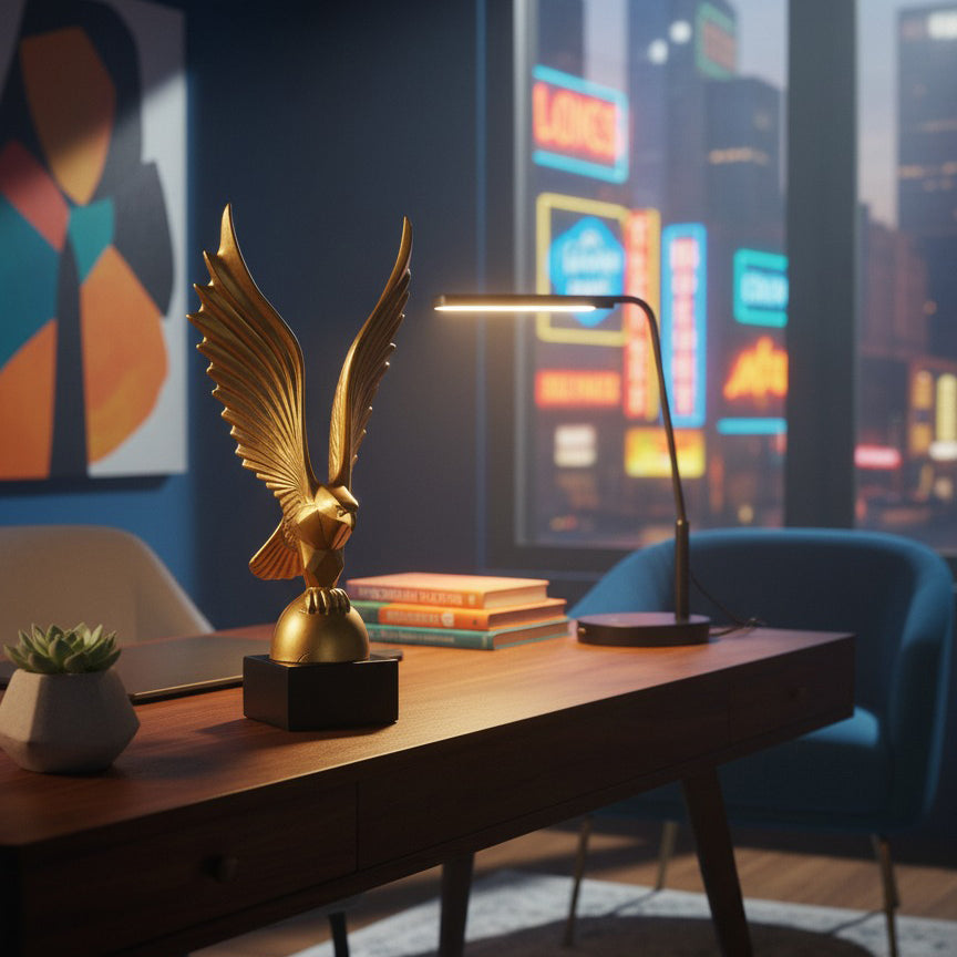 Golden Eagle on Globe Resin Figurine, Modern Art Statue for Home and Office Decor