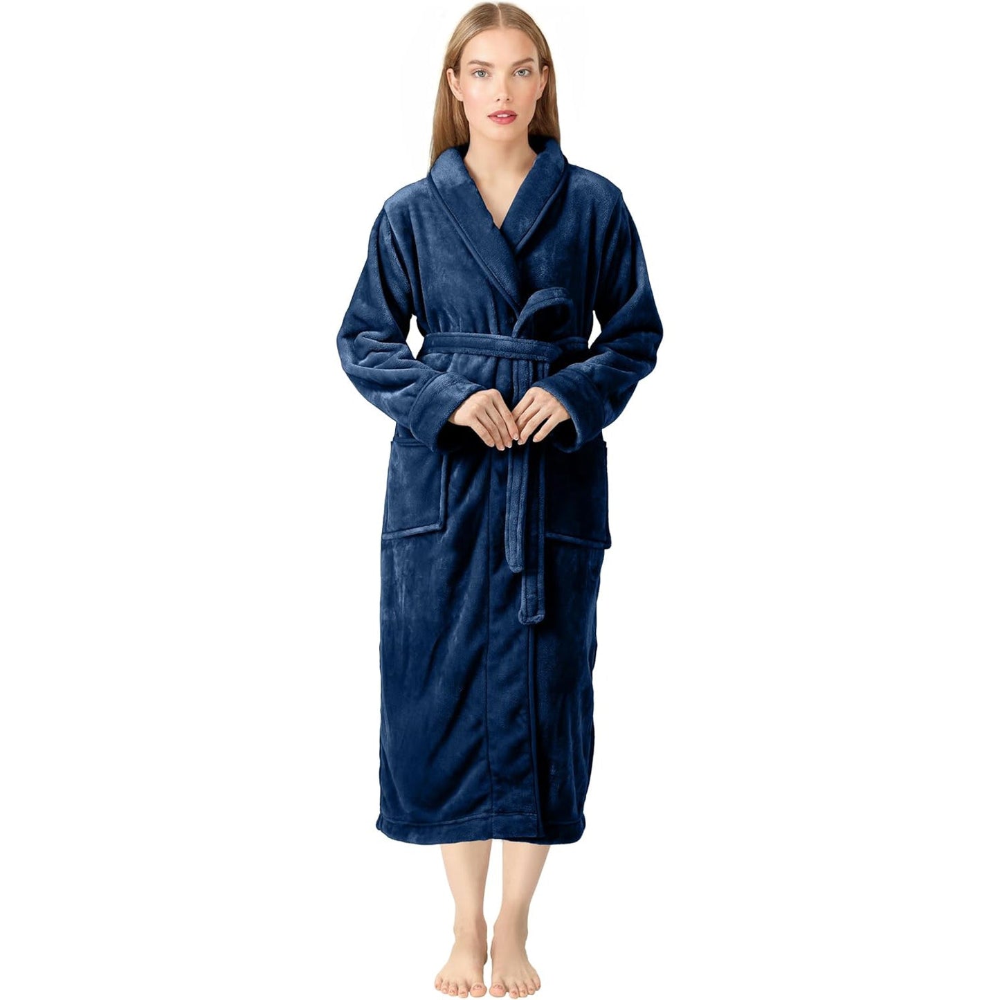 Premium Women's Plush Long Bathrobe - Soft Warm Fleece Robe with Shawl Collar for Spa & Home