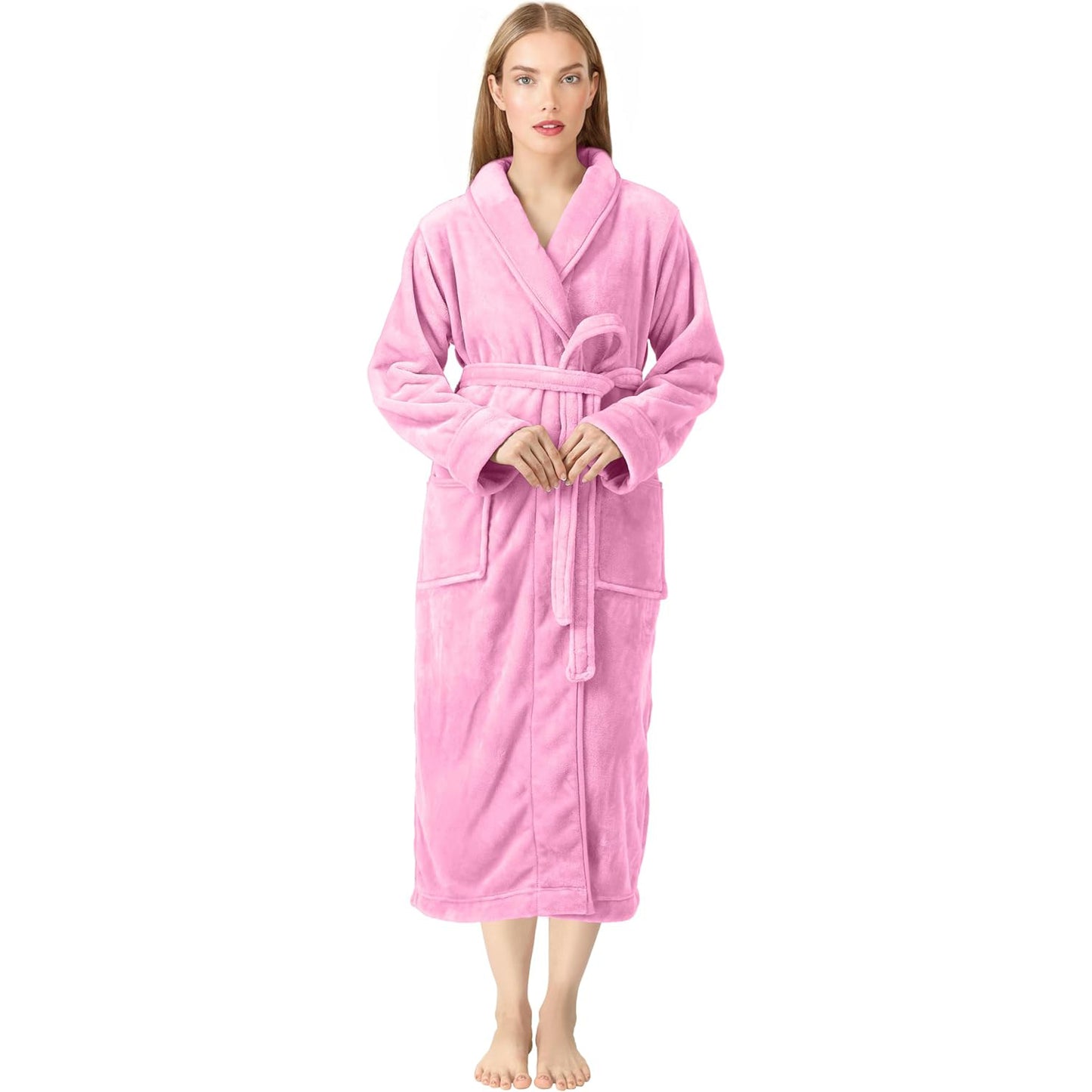 Premium Women's Plush Long Bathrobe - Soft Warm Fleece Robe with Shawl Collar for Spa & Home