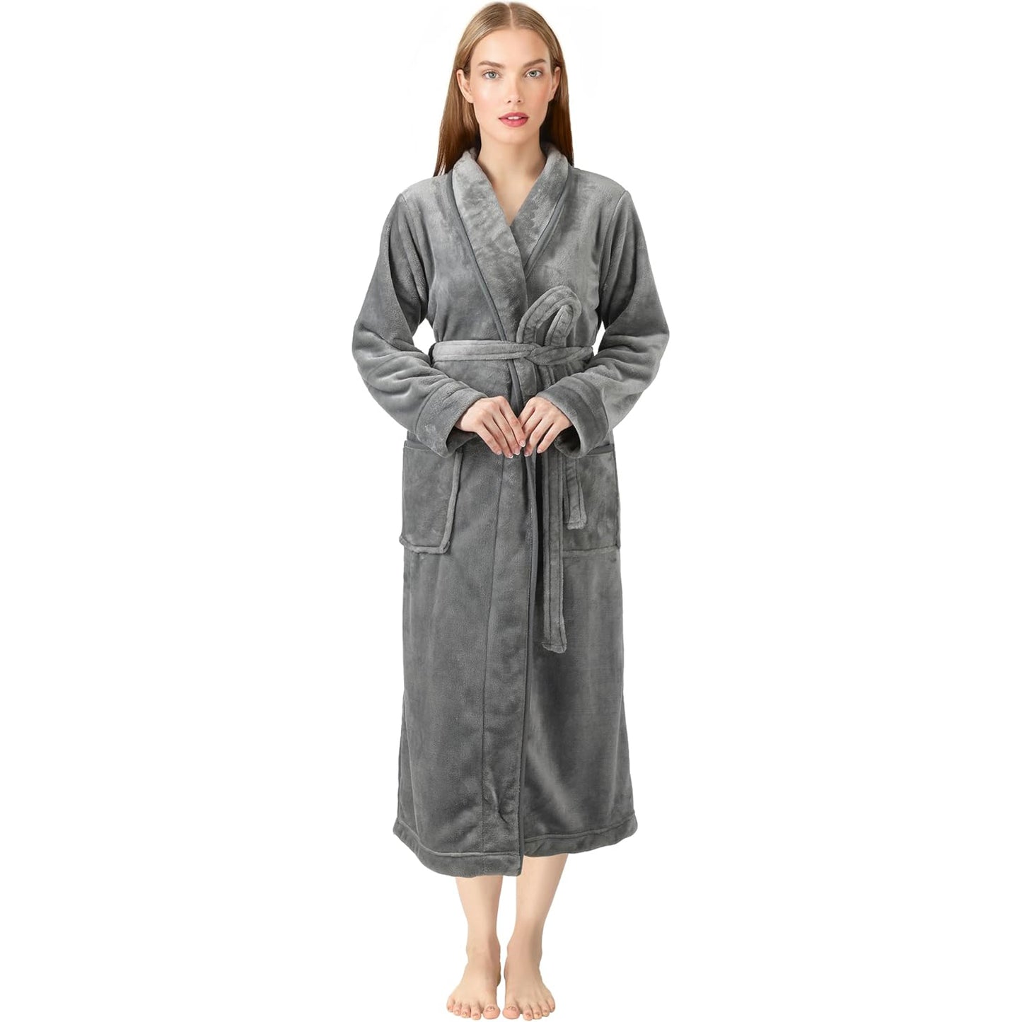 Premium Women's Plush Long Bathrobe - Soft Warm Fleece Robe with Shawl Collar for Spa & Home