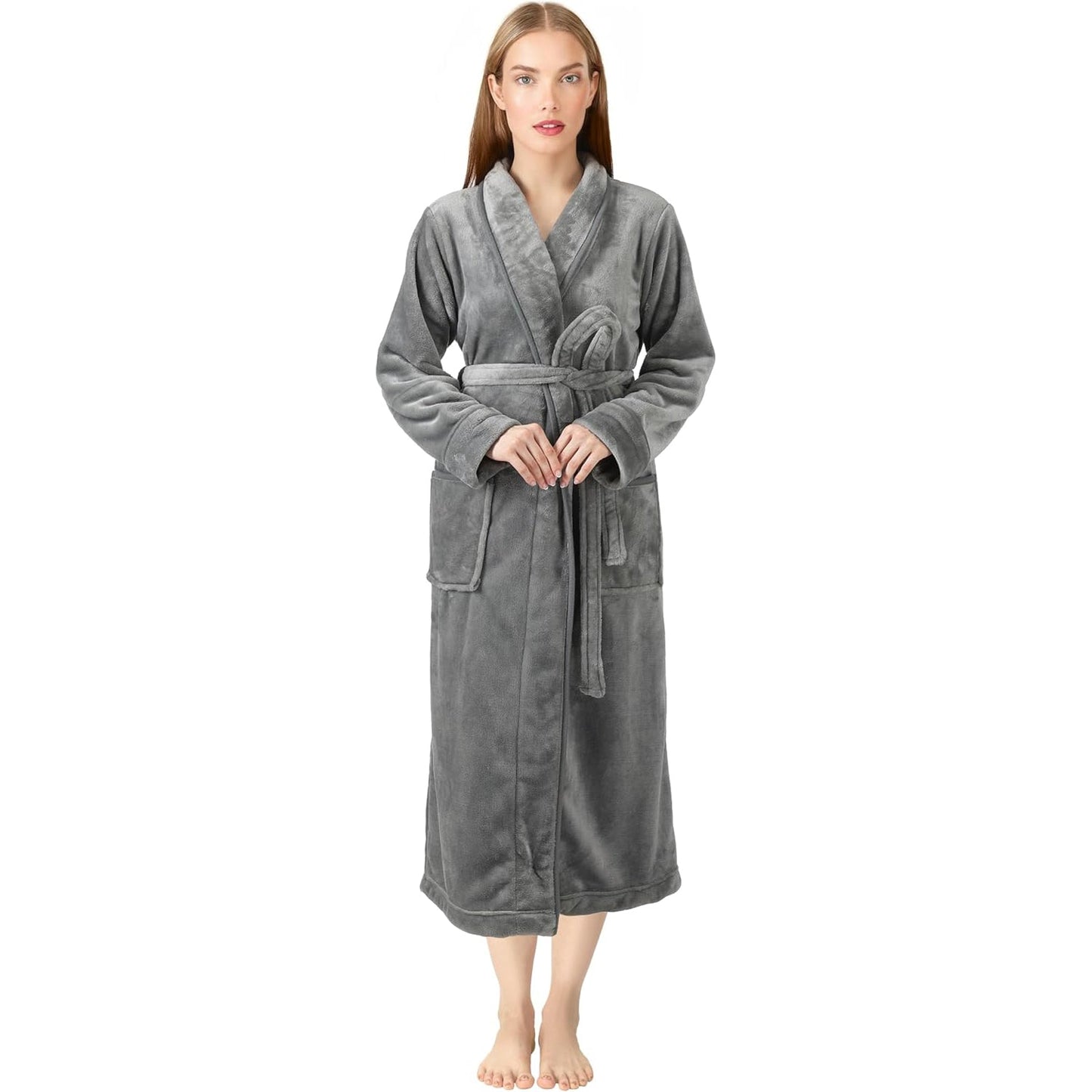 Premium Women's Plush Long Bathrobe - Soft Warm Fleece Robe with Shawl Collar for Spa & Home