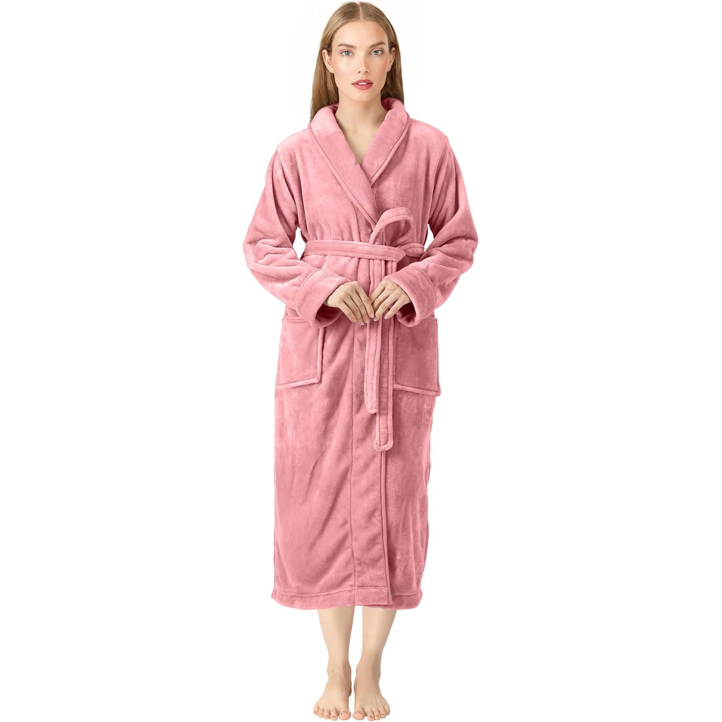 Premium Women's Plush Long Bathrobe - Soft Warm Fleece Robe with Shawl Collar for Spa & Home