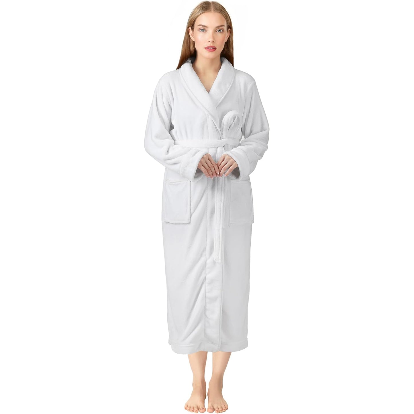 Premium Women's Plush Long Bathrobe - Soft Warm Fleece Robe with Shawl Collar for Spa & Home