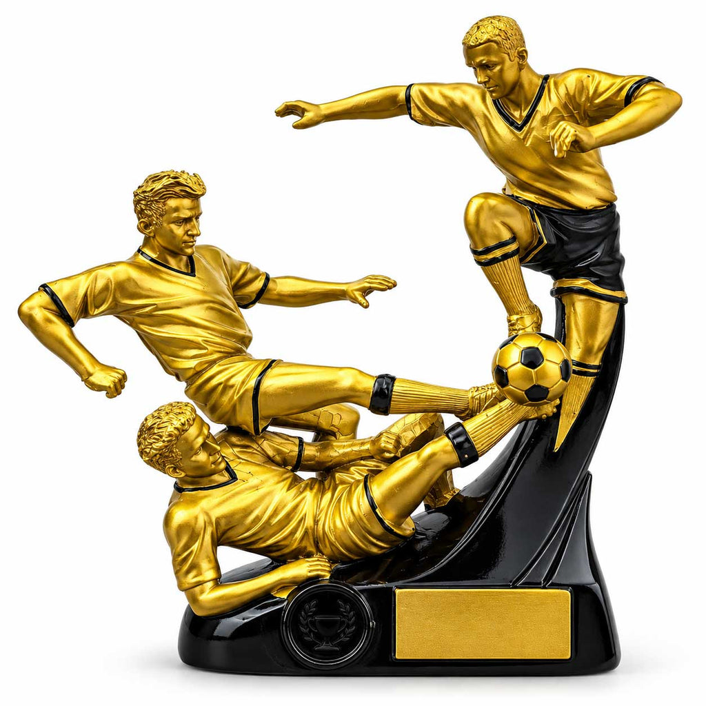 Gold Soccer Trophy Figurine – 3 Player Football Trophy with Name Plate – 10 Inch