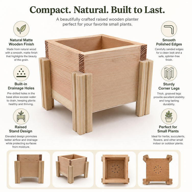 Fast Forward Natural Wooden Raised Planter Box with Drainage Holes | Mini Square Planter for Herbs, Flowers & Succulents