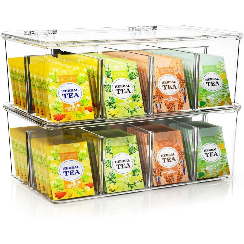 Tea Bag Organizer Stackable with Clear Top Lid, Kitchen Cabinet Pantry Storage Box for Tea Bags & Coffee Pods
