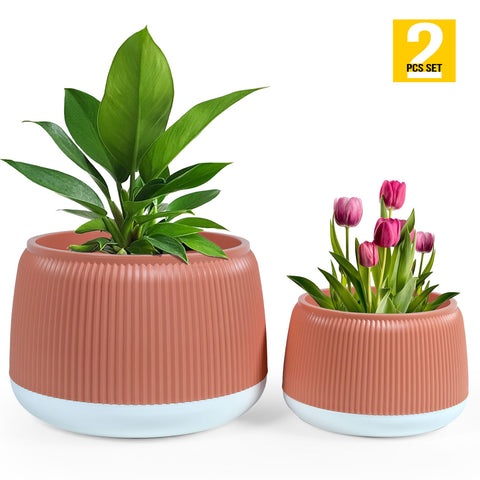 Round Flower Pot – Elegant Ribbed Design with Drainage, Water Tray & Rubber Plug for Indoor/Outdoor Plants