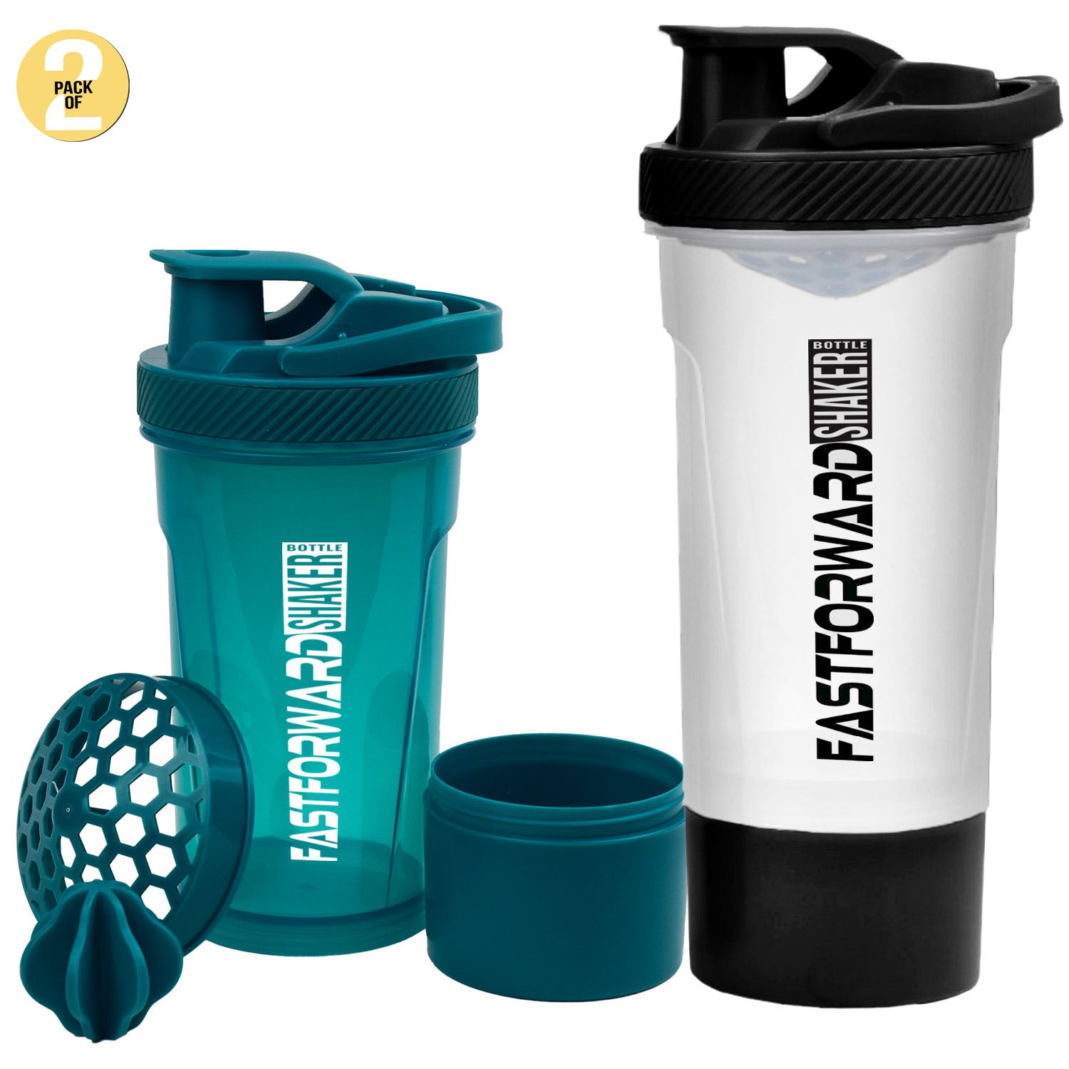 Fast Forward Shaker Bottle - 24 Ounce Protein Shaker Plastic Bottle for Pre & Post workout with Twist and Lock Protein Box Storage Pack of 2 Fast Forward