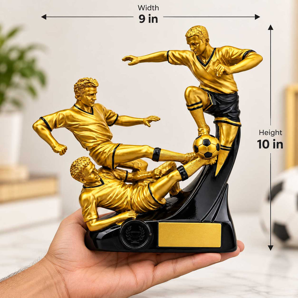 Gold Soccer Trophy Figurine – 3 Player Football Trophy with Name Plate – 10 Inch