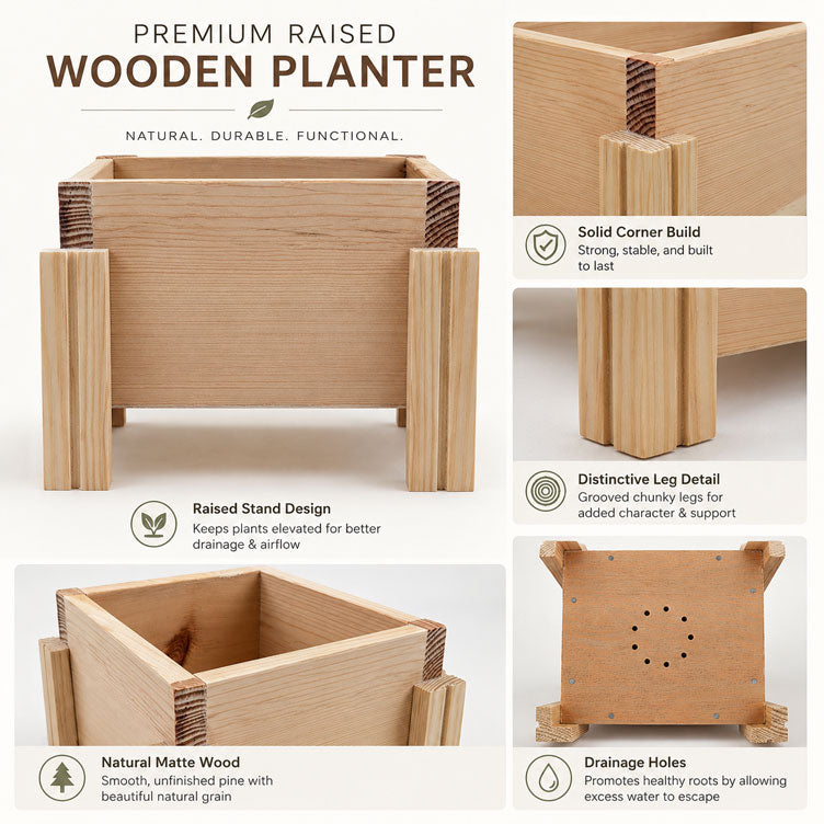 Fast Forward Natural Wooden Raised Planter Box with Drainage Holes | Mini Square Planter for Herbs, Flowers & Succulents