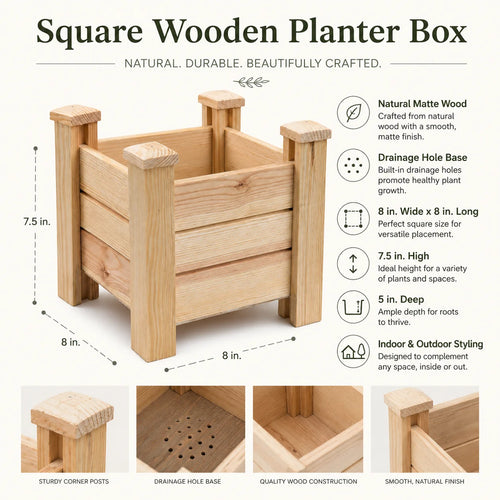 Fast Forward Square Wooden Planter Box with Drainage Holes | Natural Wood Indoor & Outdoor Decor