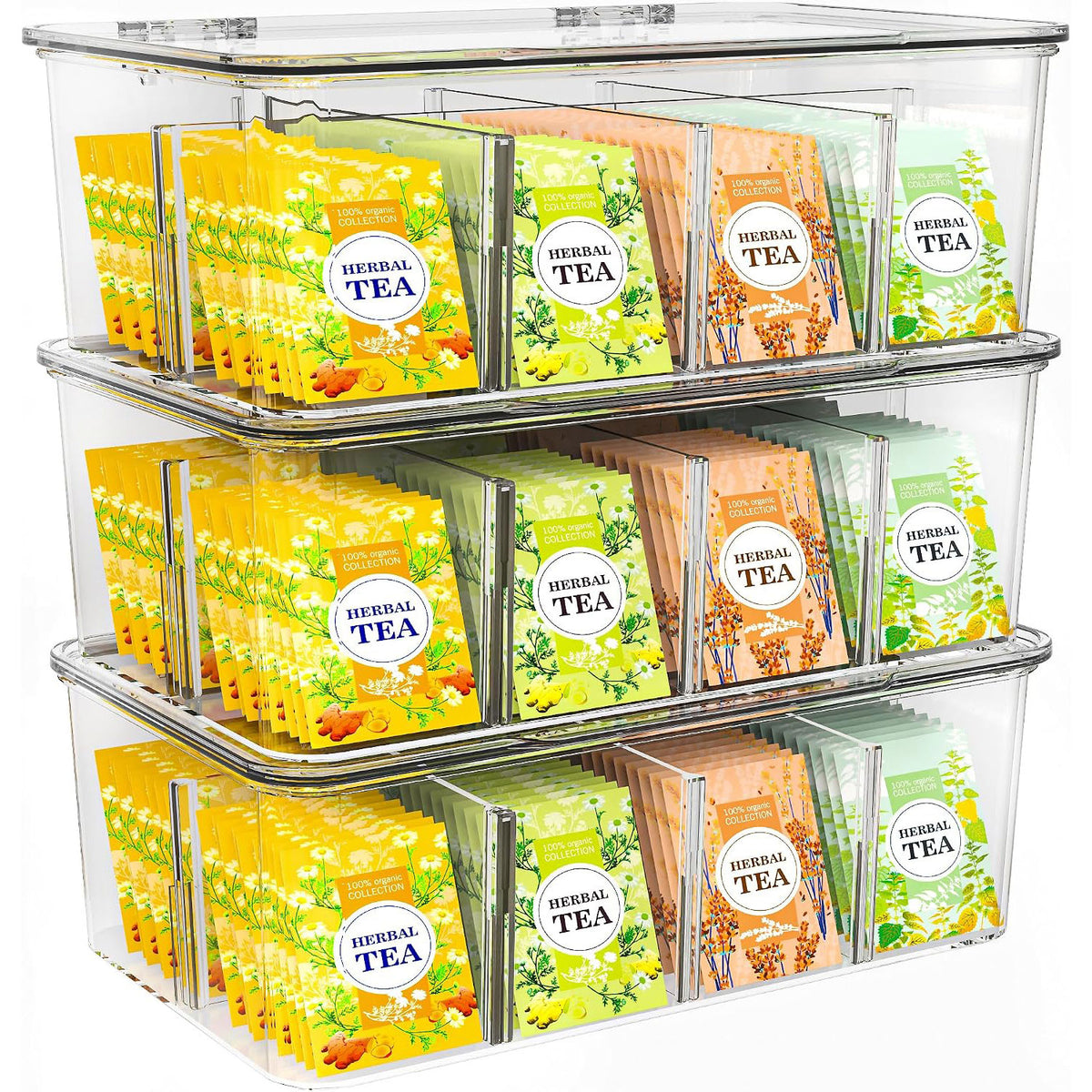 Tea Bag Organizer Stackable with Clear Top Lid, Kitchen Cabinet Pantry Storage Box for Tea Bags & Coffee Pods
