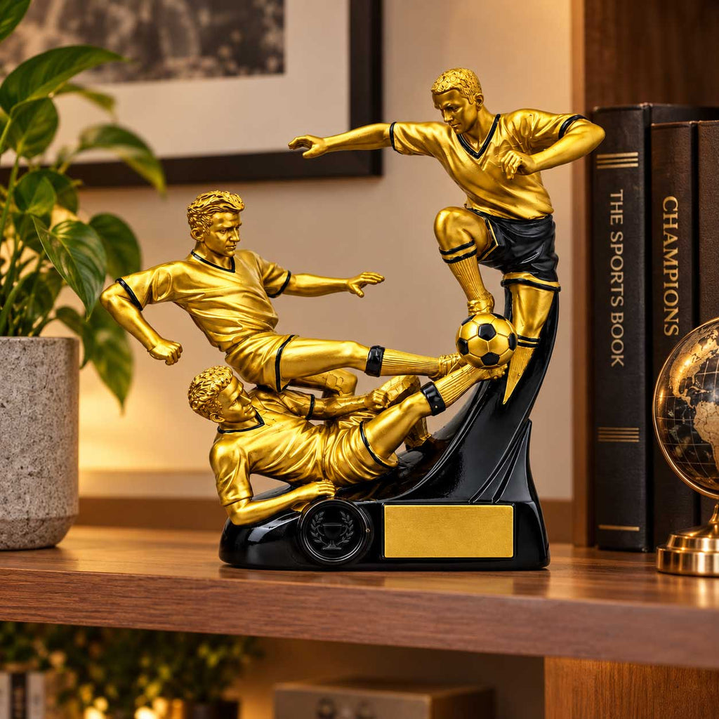 Gold Soccer Trophy Figurine – 3 Player Football Trophy with Name Plate – 10 Inch