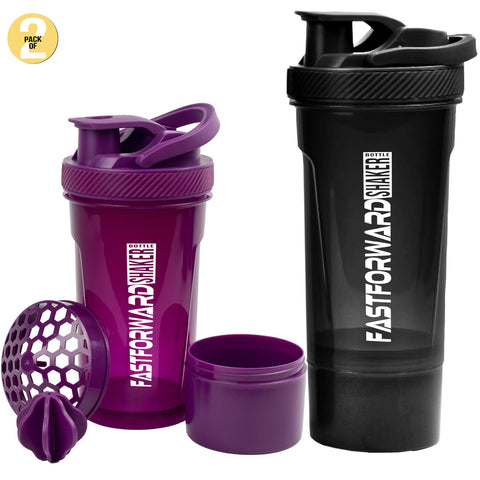 Fast Forward Shaker Bottle - 24 Ounce Protein Shaker Plastic Bottle for Pre & Post workout with Twist and Lock Protein Box Storage Pack of 2 Fast Forward