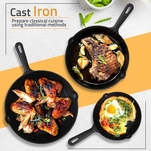 Set 4-Piece Pre-Seasoned Cast Iron Skillet – Even Heat Distribution – Multipurpose – Suitable for all Cooktops - Cast Iron Set – Grill pan – Frying Pan – Indoor & Outdoor Cookware