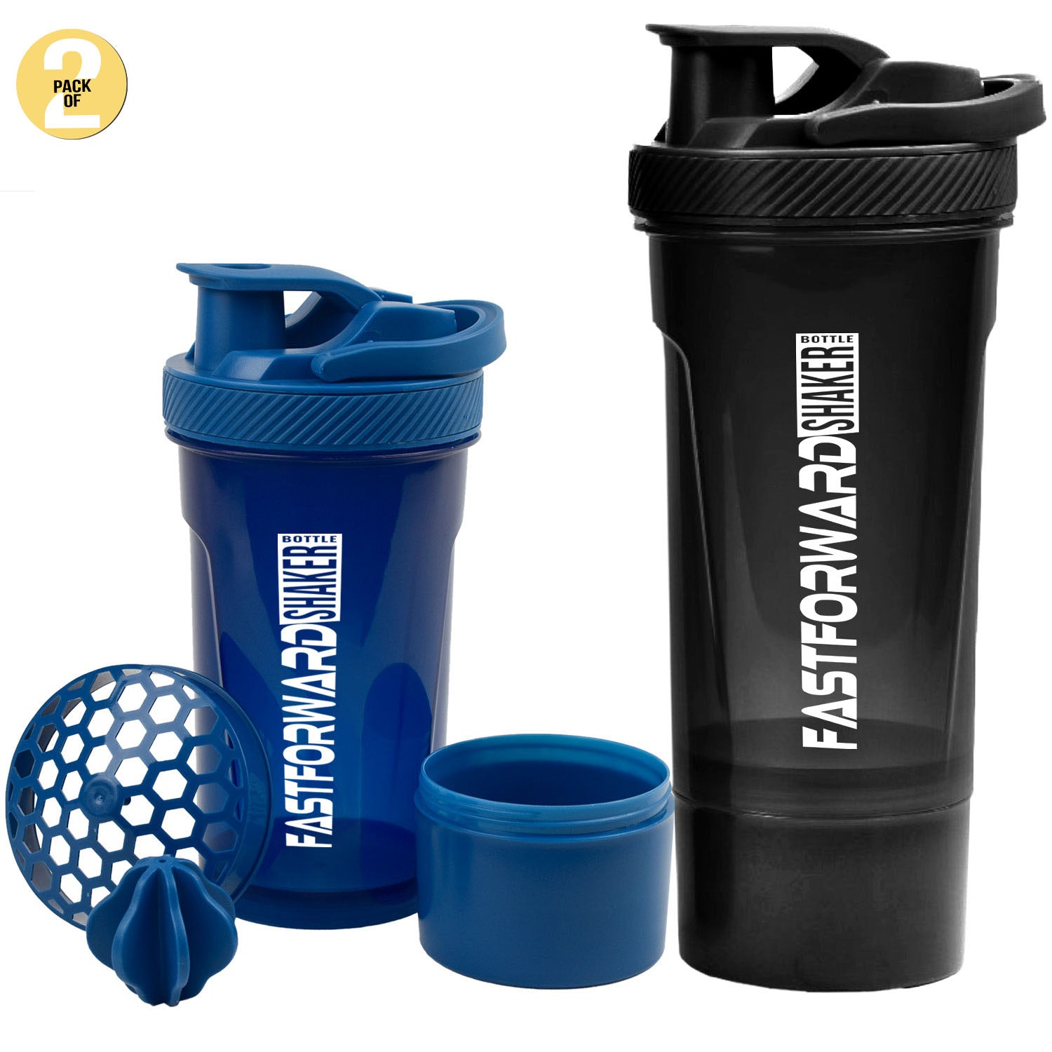 Fast Forward Shaker Bottle - 24 Ounce Protein Shaker Plastic Bottle for Pre & Post workout with Twist and Lock Protein Box Storage Pack of 2 Fast Forward