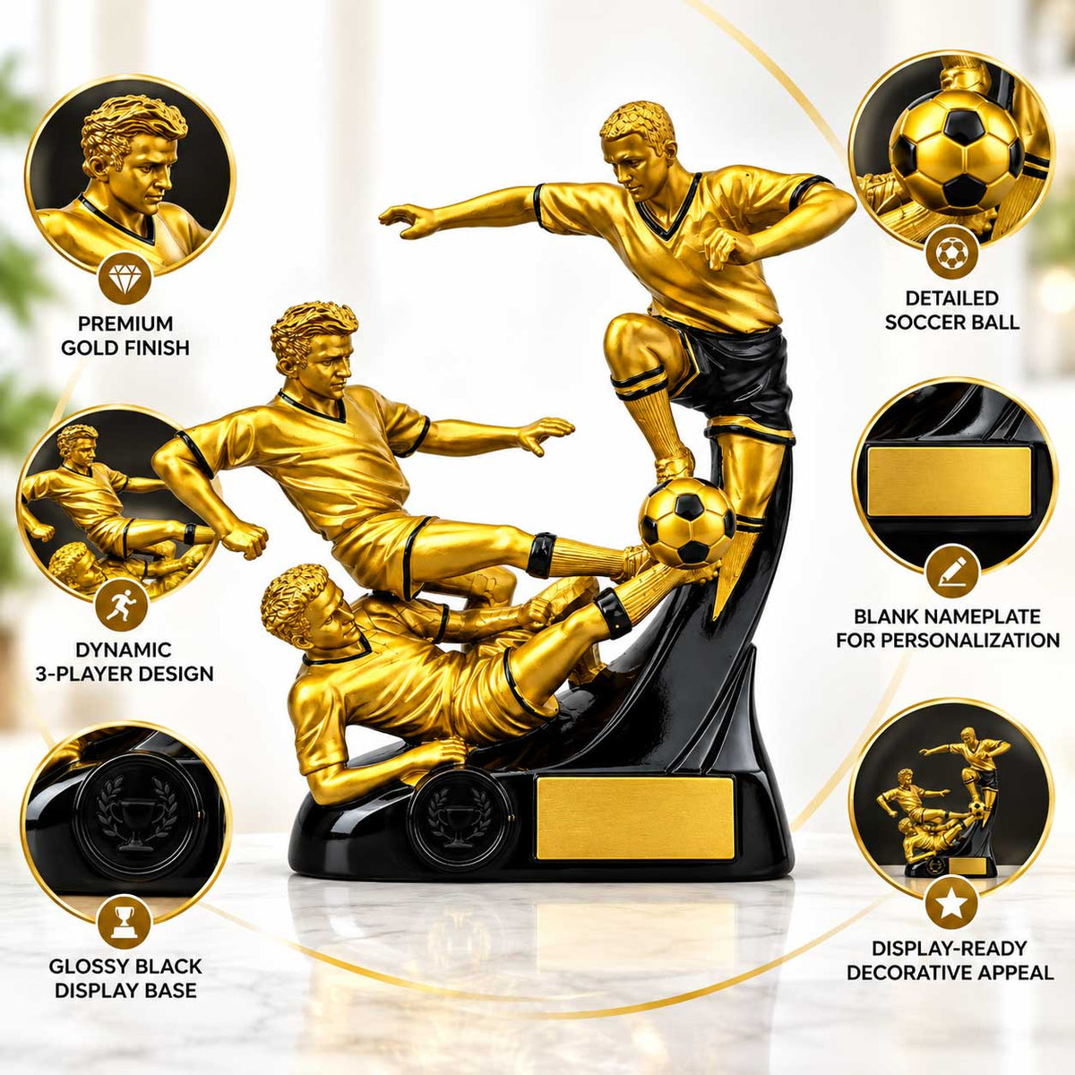 Gold Soccer Trophy Figurine – 3 Player Football Trophy with Name Plate – 10 Inch