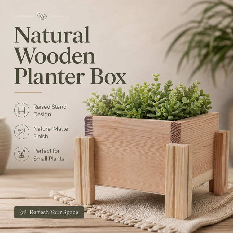 Fast Forward Natural Wooden Raised Planter Box with Drainage Holes | Mini Square Planter for Herbs, Flowers & Succulents