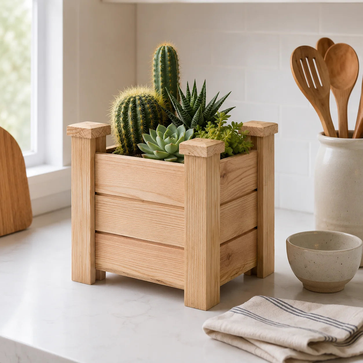 Fast Forward Square Wooden Planter Box with Drainage Holes | Natural Wood Indoor & Outdoor Decor