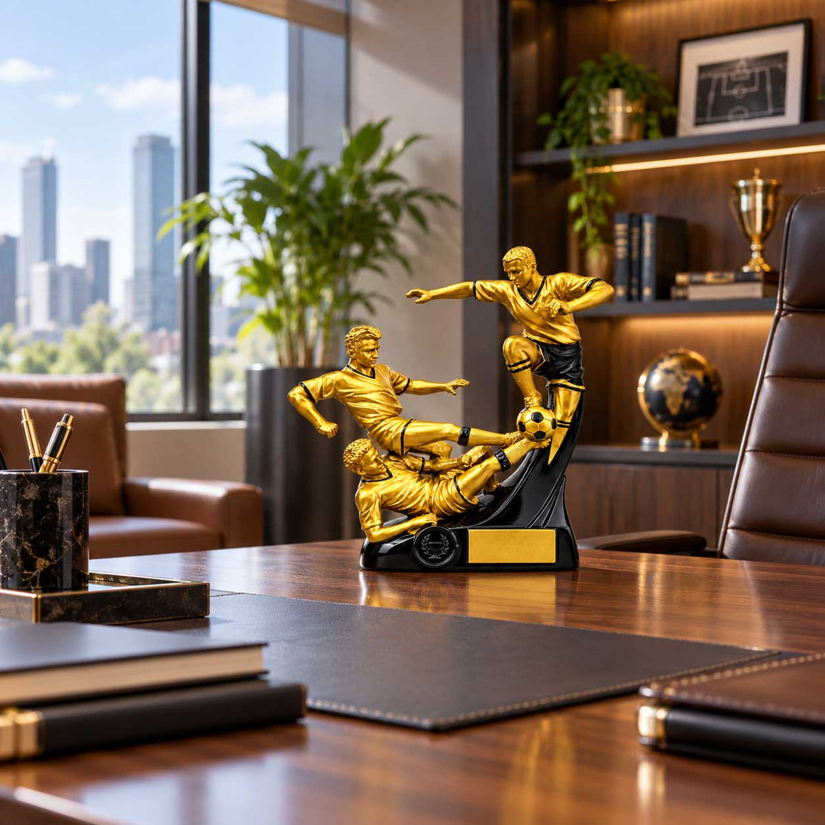 Gold Soccer Trophy Figurine – 3 Player Football Trophy with Name Plate – 10 Inch