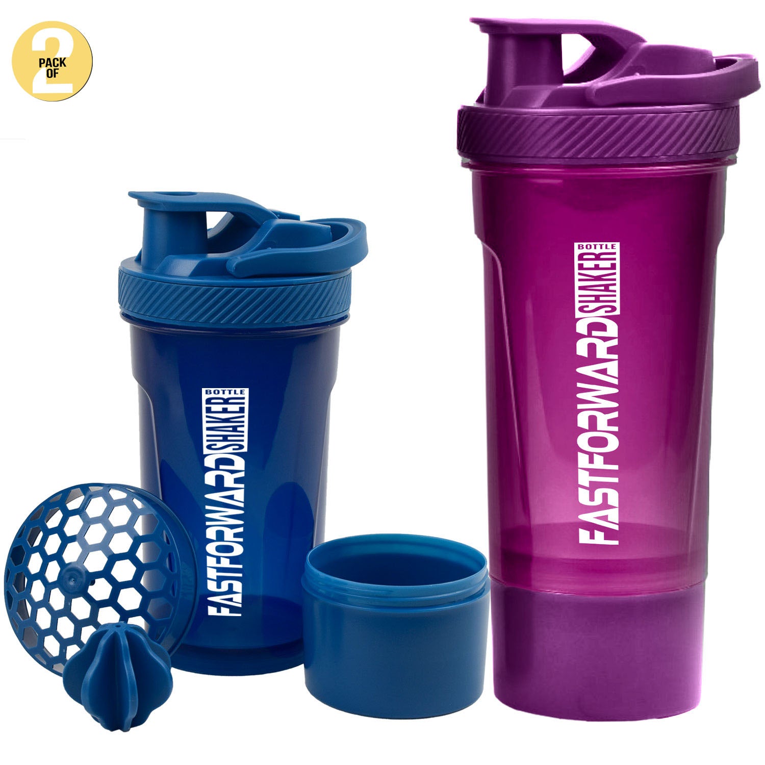 Fast Forward Shaker Bottle - 24 Ounce Protein Shaker Plastic Bottle for Pre & Post workout with Twist and Lock Protein Box Storage Pack of 2 Fast Forward