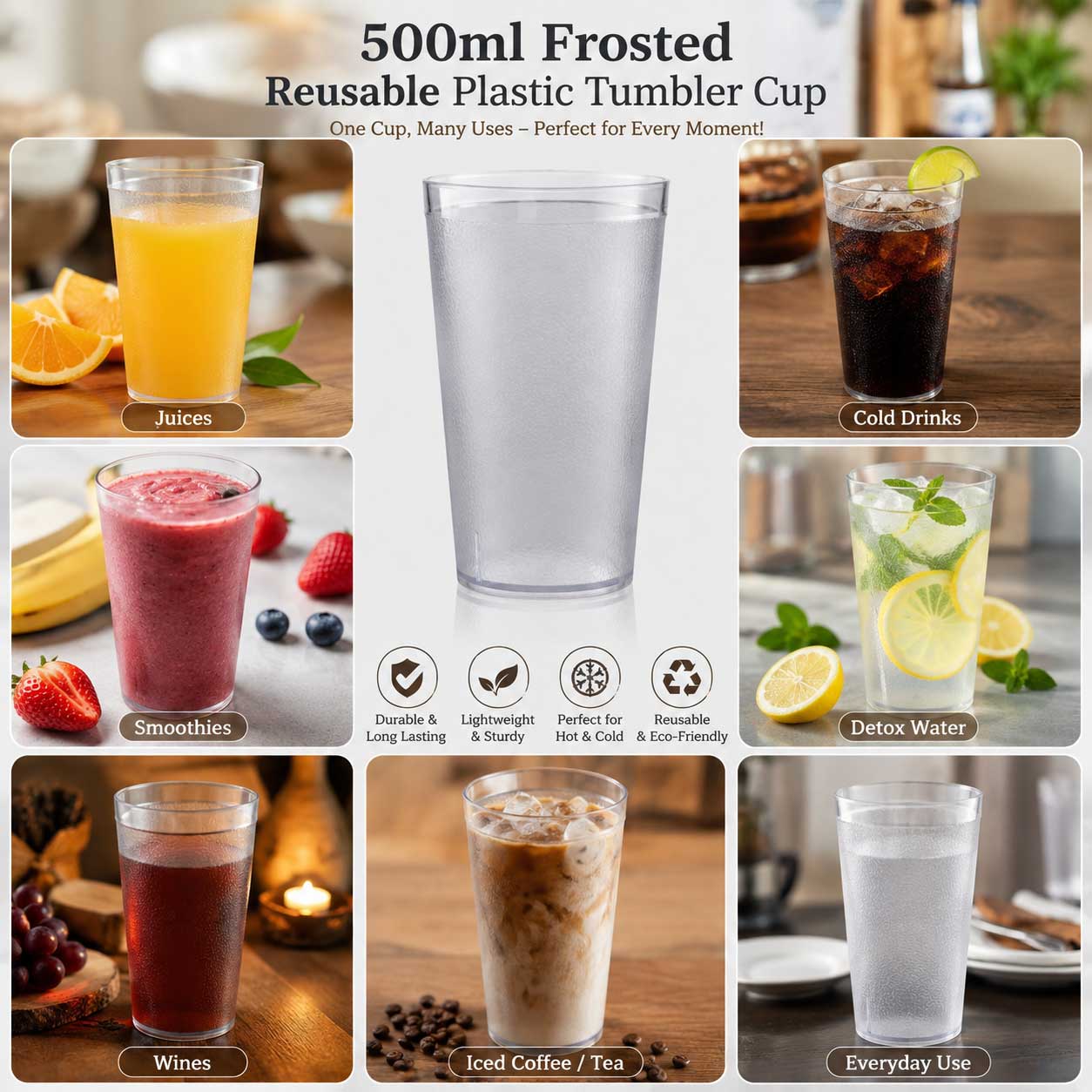 500ml Frosted Reusable Plastic Tumbler Cups – Pack of 6 & 12