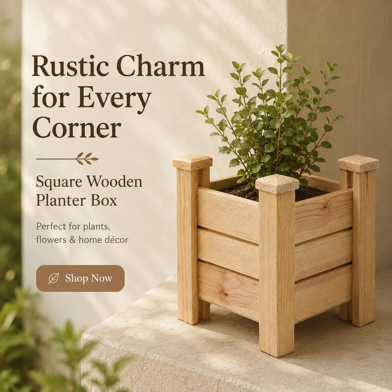 Fast Forward Square Wooden Planter Box with Drainage Holes | Natural Wood Indoor & Outdoor Decor