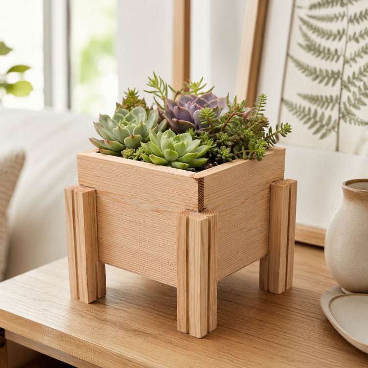 Fast Forward Natural Wooden Raised Planter Box with Drainage Holes | Mini Square Planter for Herbs, Flowers & Succulents