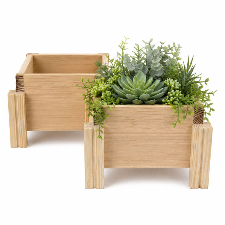Fast Forward Natural Wooden Raised Planter Box with Drainage Holes | Mini Square Planter for Herbs, Flowers & Succulents