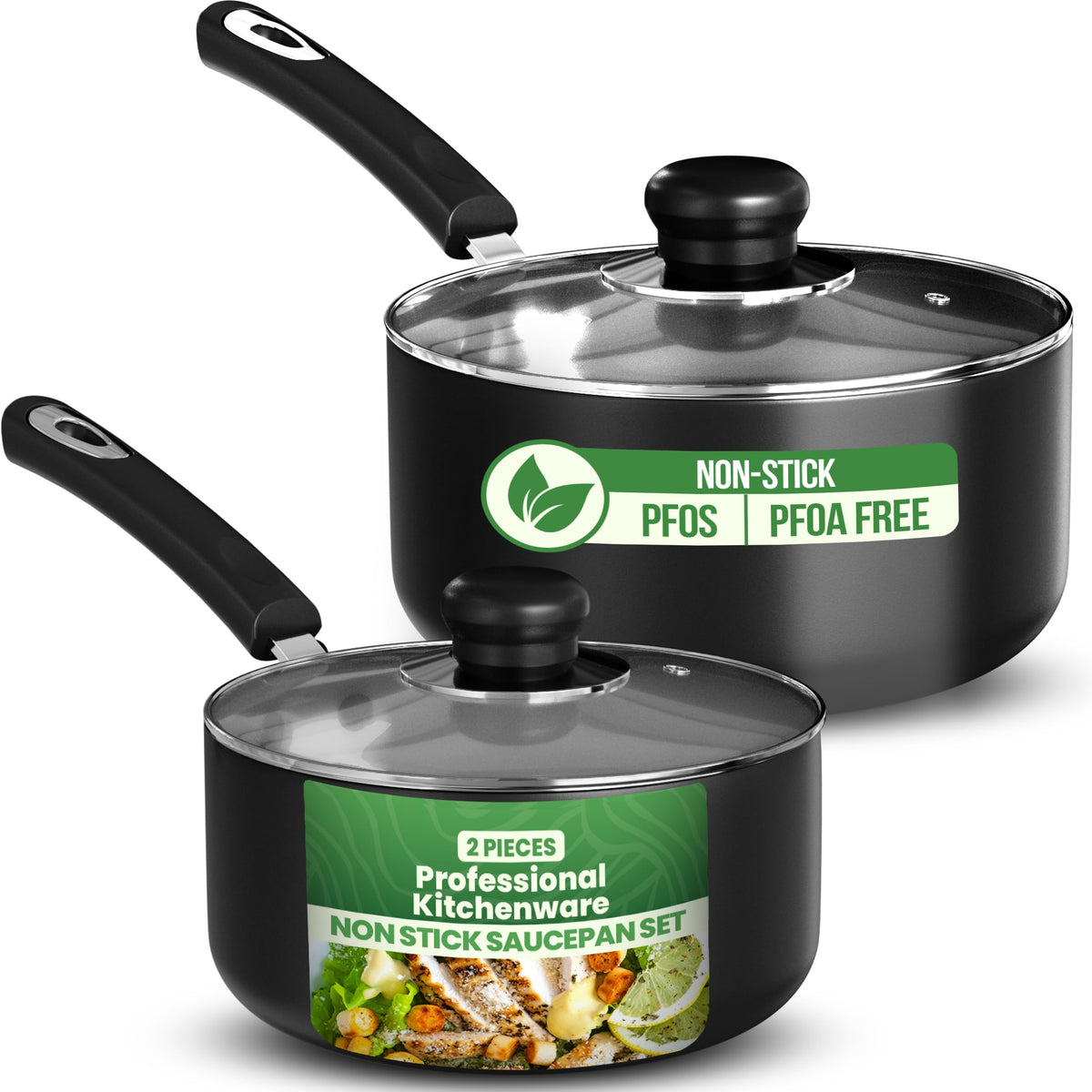 Nonstick Saucepan Set with Glass Lids, 1 Quart & 2 Quart Small Cooking Pots for Sauces, Pasta, Milk, Tea & Daily Kitchen Use
