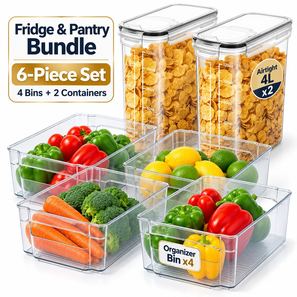 Fridge & Pantry Makeover Bundle | 2 Airtight 4L Cereal Containers + 4 Large Fridge Organizer Bins