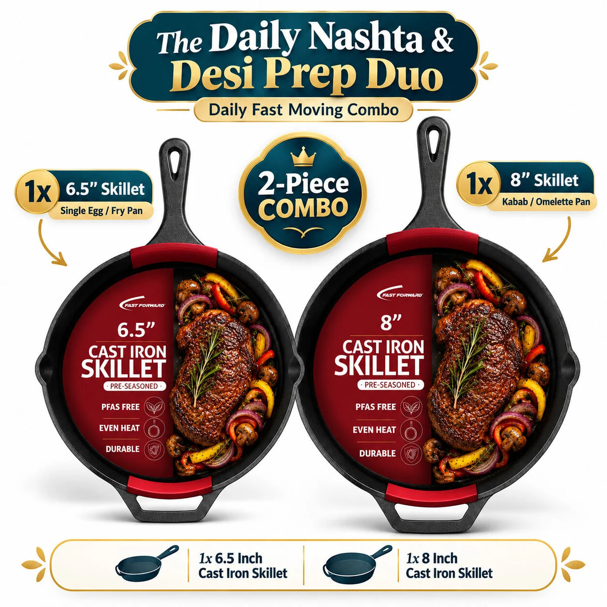 Daily Nashta & Desi Prep Duo | 6.5-Inch & 8-Inch Pre-Seasoned Cast Iron Skillet Set