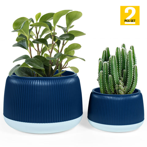 Round Flower Pot – Elegant Ribbed Design with Drainage, Water Tray & Rubber Plug for Indoor/Outdoor Plants