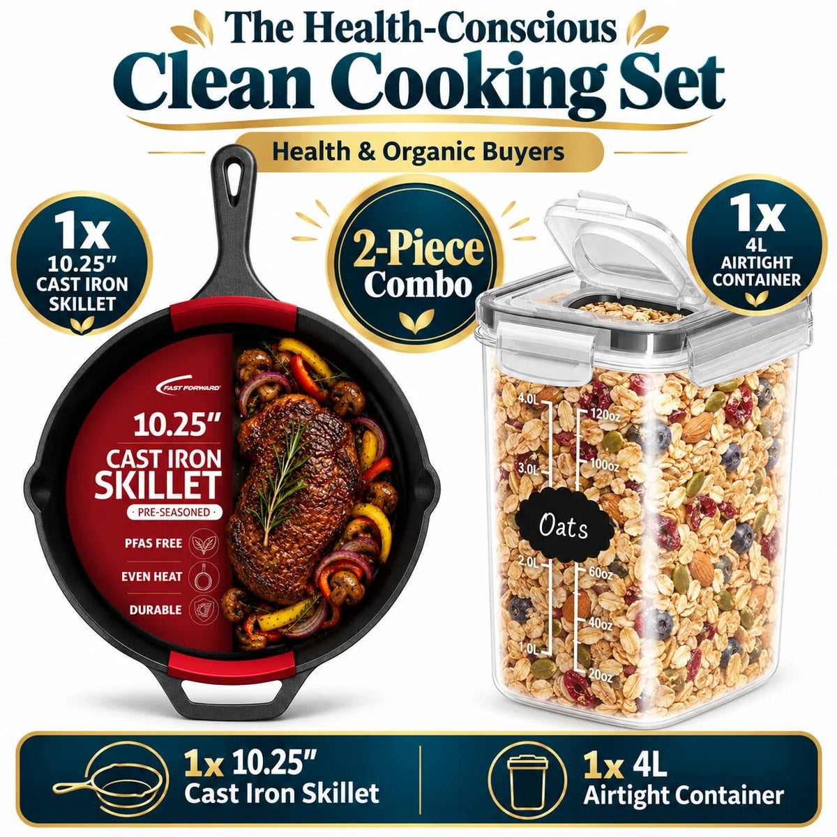 Health-Conscious Clean Cooking Set | 10.25-Inch Cast Iron Skillet + 4L Airtight Cereal Container