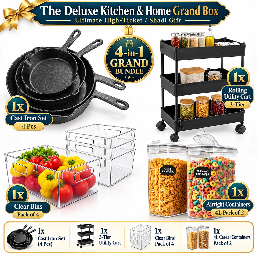 Deluxe Kitchen & Home Grand Box | 4-Piece Cast Iron Set, 3-Tier Cart & 6 Storage Containers