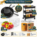 Deluxe Kitchen & Home Grand Box | 4-Piece Cast Iron Set, 3-Tier Cart & 6 Storage Containers