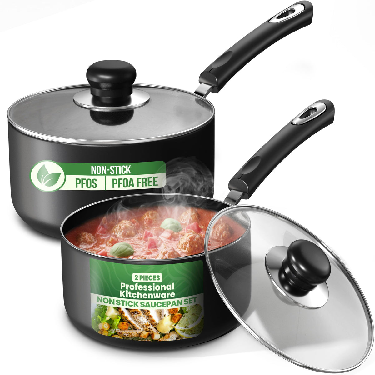 Nonstick Saucepan Set with Glass Lids, 1 Quart & 2 Quart Small Cooking Pots for Sauces, Pasta, Milk, Tea & Daily Kitchen Use