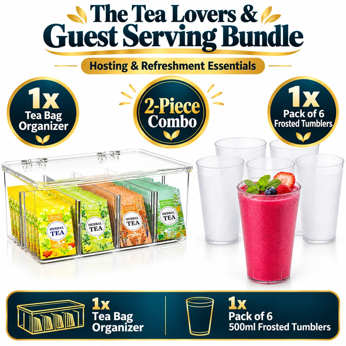 Tea Lovers & Guest Serving Bundle | Tea Bag Organizer + 6 Frosted 500ml Tumblers