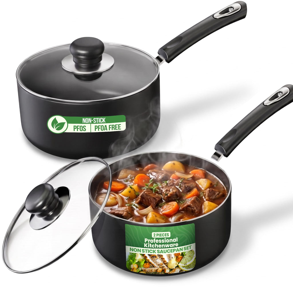 Nonstick Saucepan Set with Glass Lids, 1 Quart & 2 Quart Small Cooking Pots for Sauces, Pasta, Milk, Tea & Daily Kitchen Use