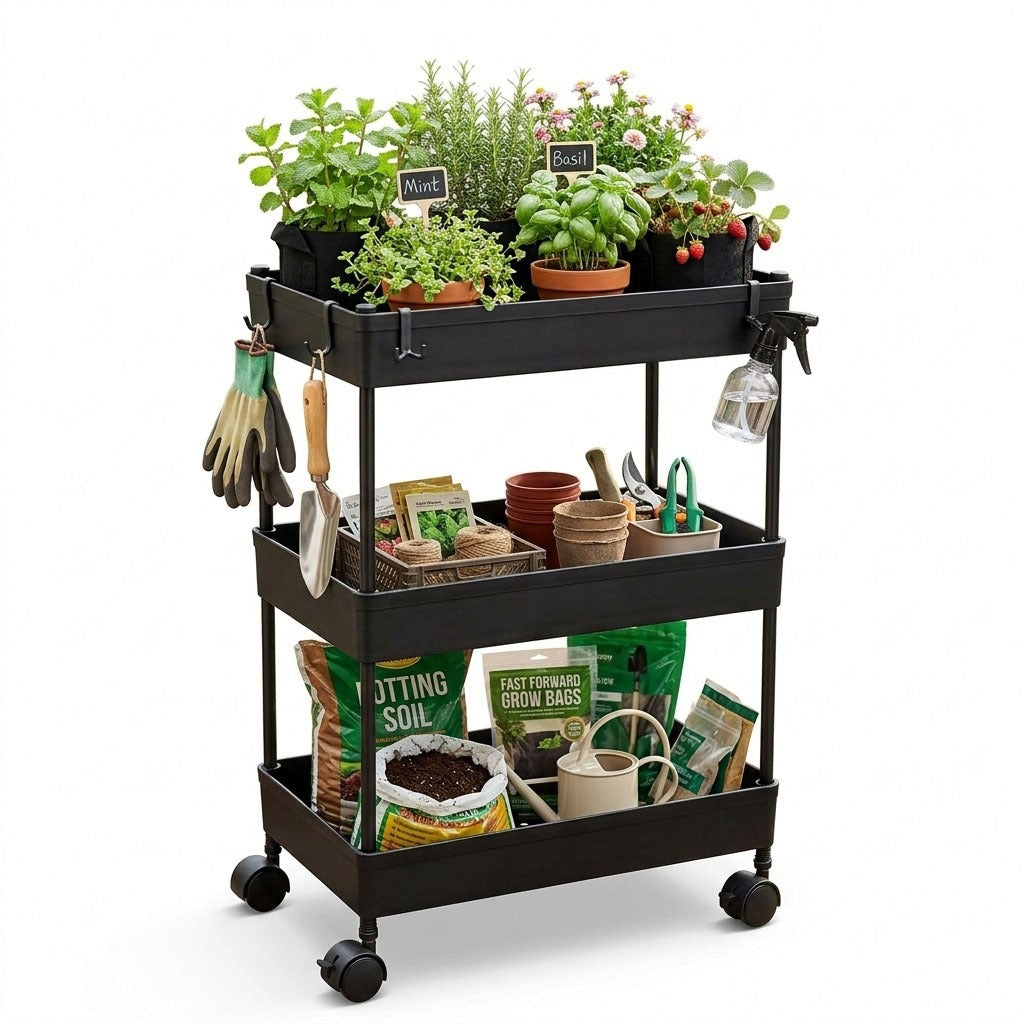 Plantation Cart – 2 Tier & 3 Tier Space-Saving Utility Storage Trolley with Wheels, Perforated Trays & Side Hooks