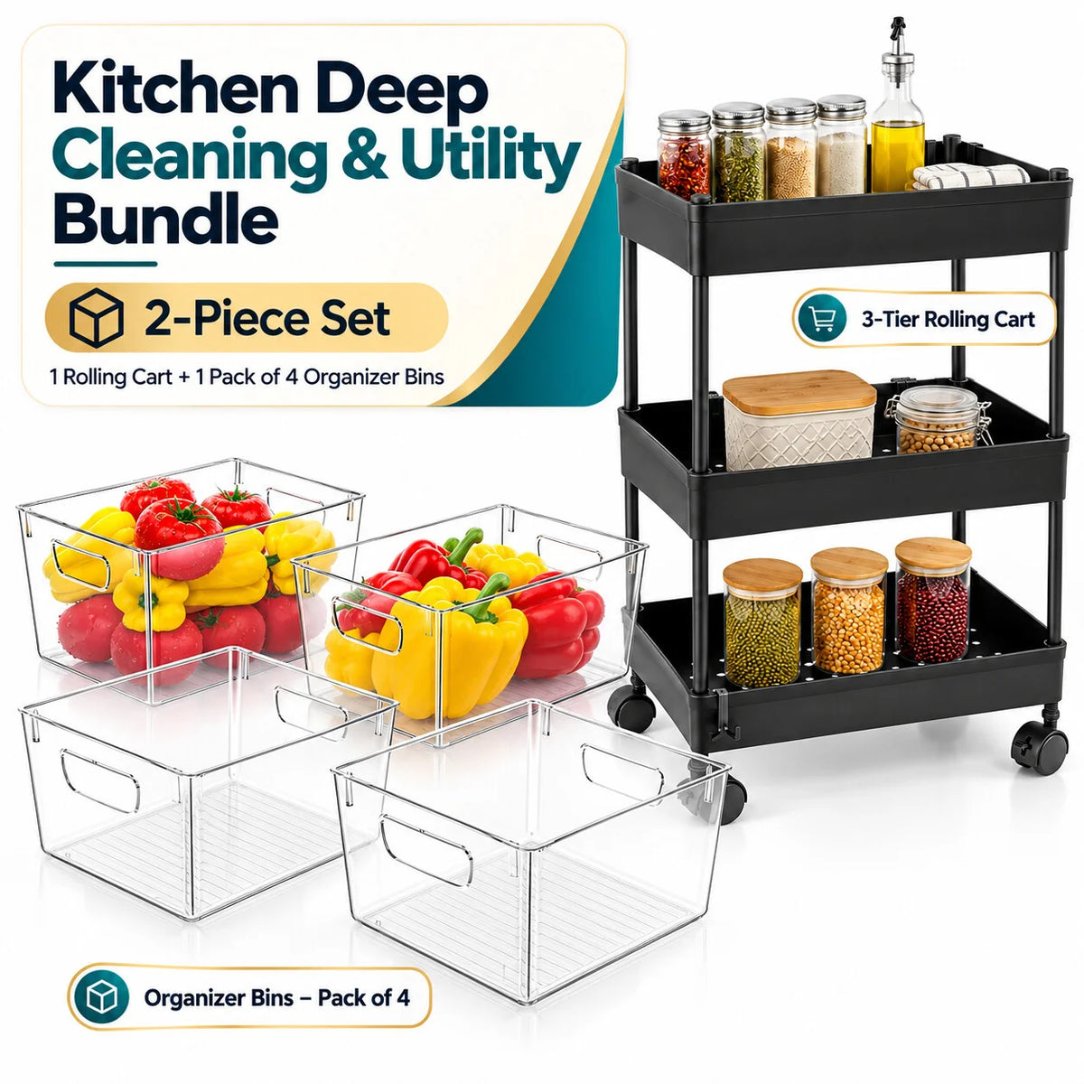 Kitchen Deep Cleaning & Utility Bundle | 3-Tier Rolling Cart + 4 Medium Clear Organizer Bins