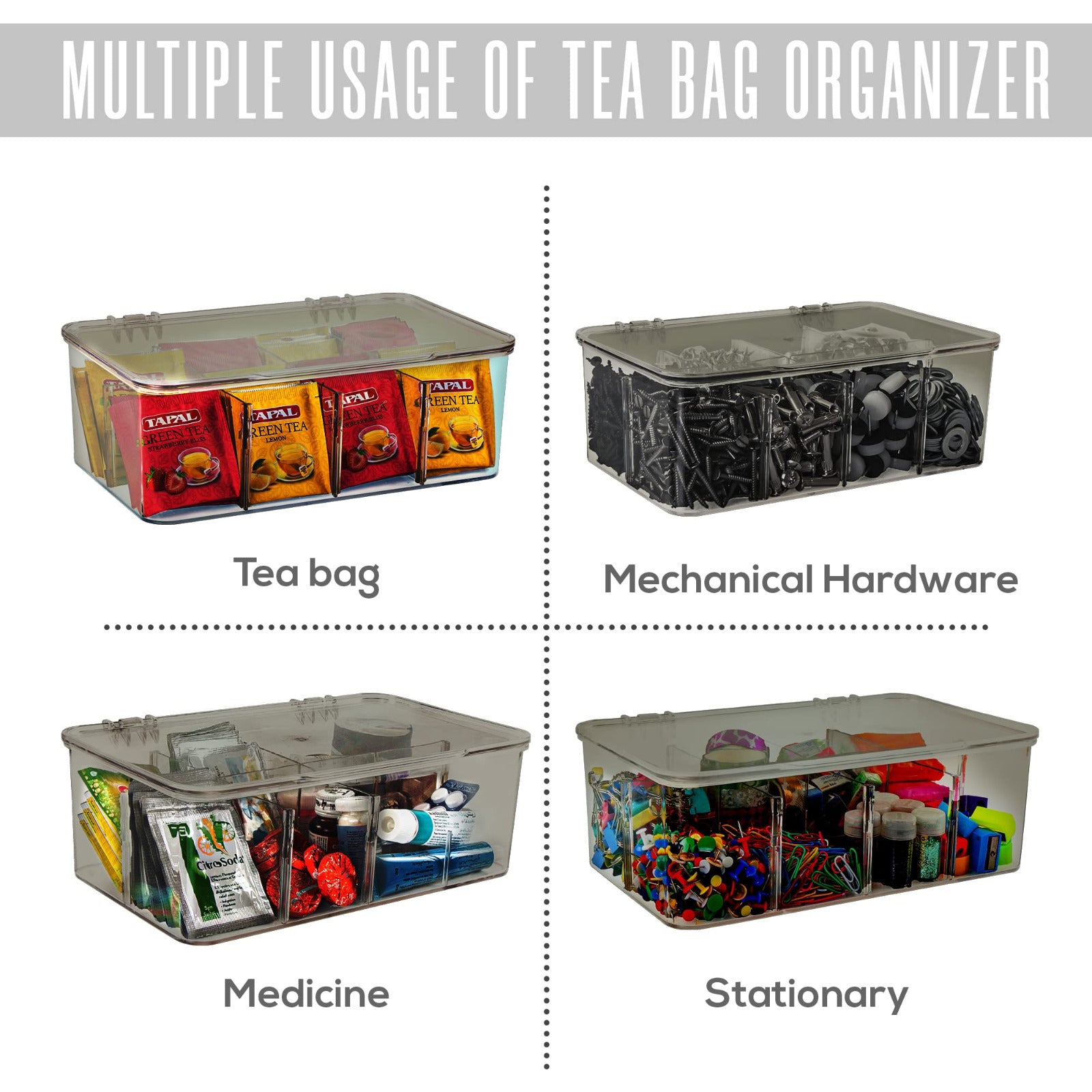 Tea Bag Organizer Stackable with Clear Top Lid Kitchen Cabinets Pantry