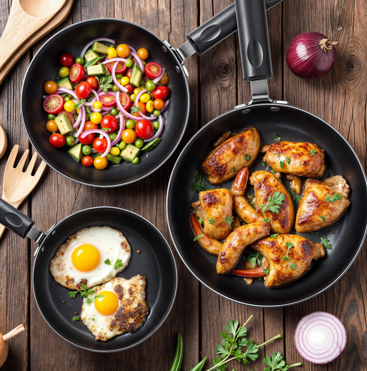 Nonstick Frying Pan Set 3-Piece with Induction Bottom, 8, 9.5 & 11 Inch Aluminum Cookware for Frying, Sautéing & Daily Cooking