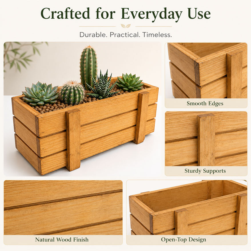 Rustic Wooden Planter & Storage Box | Decorative Wooden Box for Plants, Flowers & Kitchen Organizer