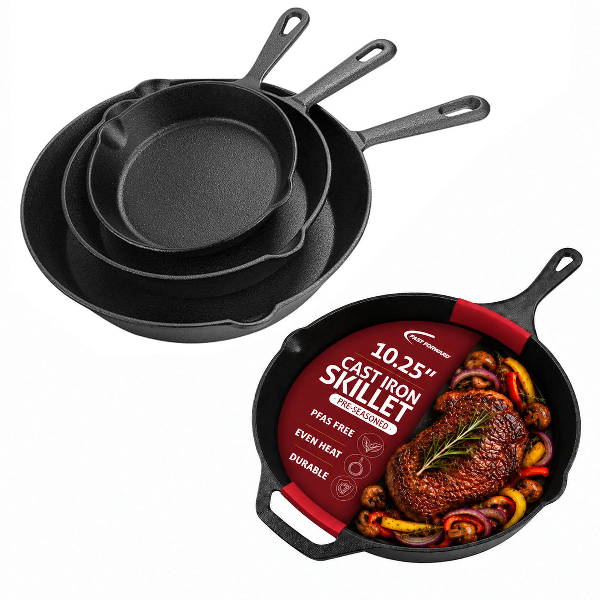 4-Piece Pre-Seasoned Cast Iron Skillet Set, Frying Pan & Grill Pan Cookware for Gas, Induction, Oven & Outdoor Use
