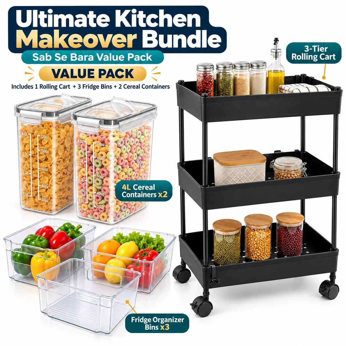 Ultimate Kitchen Makeover Bundle | 3-Tier Cart, 2 Airtight 4L Containers & 3 Fridge Bins