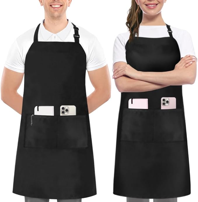Apron with 2 Pockets Adjustable Bib & Neck Strap with Extra Long Ties Pack of 2
