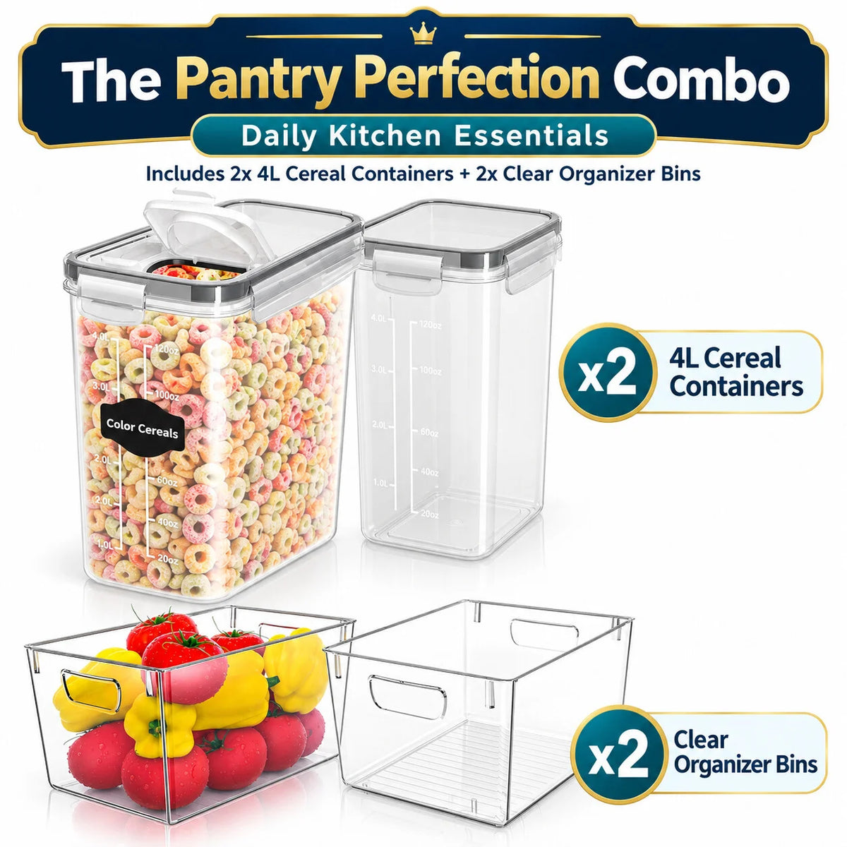 Pantry Perfection Bundle | 2 Airtight 4L Cereal Containers + 2 Medium Clear Organizer Bins